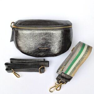 Italian Leather Fanny Pack with 2 Straps | Metallic Gray Crossbody Waist Bag